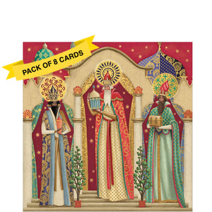 These 8 charity Christmas cards feature a brightly coloured illustration of the Three Kings bearing gifts of gold, frankincense, and myrrh for the newborn Jesus.
