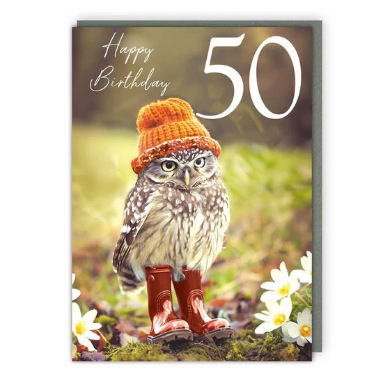 Owl in a hat - 50th Birthday card