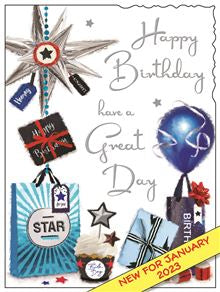 Brightly coloured in blues and silver this birthday card has an illustration of all the things needed to celebrate a birthday -presents, balloons and decorations. Silver text on the front of the card reads "Happy birthday Have a Great Day".