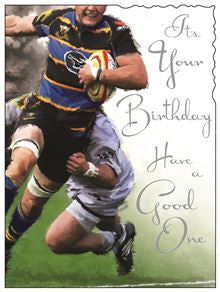 One for the rugby enthusiast, this Jonny Javelin Birthday card is illustrated with two players in a tackle. Silver text on the front of the card reads "It's your birthday. Have a good one".