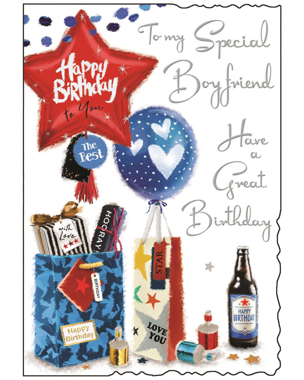 Celebrate your other half in style with this vibrant Jonny Javelin birthday card for a special boyfriend. Bursting with birthday cheer, the design features classic celebratory elements like colourful balloons, wrapped presents, party poppers, and a cold beer - everything you need for the perfect birthday vibe. The front of the card reads in silver lettering "To My Special Boyfriend – Have a Great Birthday"
