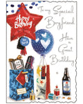 Celebrate your other half in style with this vibrant Jonny Javelin birthday card for a special boyfriend. Bursting with birthday cheer, the design features classic celebratory elements like colourful balloons, wrapped presents, party poppers, and a cold beer - everything you need for the perfect birthday vibe. The front of the card reads in silver lettering "To My Special Boyfriend – Have a Great Birthday"