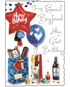 Celebrate your other half in style with this vibrant Jonny Javelin birthday card for a special boyfriend. Bursting with birthday cheer, the design features classic celebratory elements like colourful balloons, wrapped presents, party poppers, and a cold beer - everything you need for the perfect birthday vibe. The front of the card reads in silver lettering "To My Special Boyfriend – Have a Great Birthday"