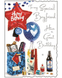 Celebrate your other half in style with this vibrant Jonny Javelin birthday card for a special boyfriend. Bursting with birthday cheer, the design features classic celebratory elements like colourful balloons, wrapped presents, party poppers, and a cold beer - everything you need for the perfect birthday vibe. The front of the card reads in silver lettering "To My Special Boyfriend – Have a Great Birthday"