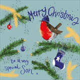 Part of Alex Clark's Christmas card collection, this Christmas card for a special son is decorated with Alex's painting of a robin, wearing a blue bobble hat, perched on a fir-tree branch. The text on the front of the card reads "Merry Christmas to a very special Son x".