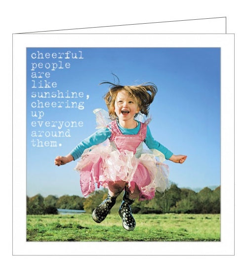 This cute greetings card features a photograph of a young girl in a pink costume and wings jumping for joy. The caption on the front of the card reads 