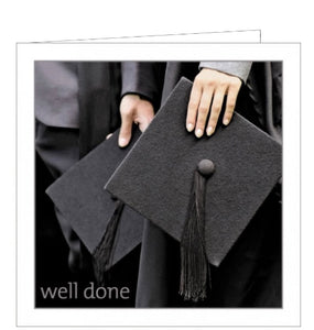 This congratulations card is covered with a photograph of people holding their mortar board hats. Silver text in the bottom corner of the card reads "well done".