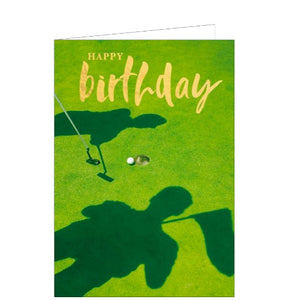 This birthday card is decorated with a photograph of the shadow of two golfers on the course. Gold text on the card reads "Happy Birthday".