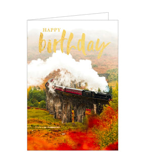 This birthday card is decorated with a photograph of a steam train passing over a viaduct. Gold text on the card reads "Happy Birthday".