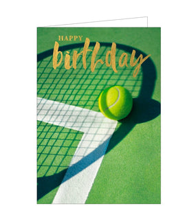 This birthday card is decorated with a photograph of a tennis ball in the shadow of a tennis racquet. Gold text on the card reads "Happy Birthday".