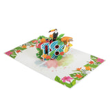 These handmade pop up cards are exquisite, with so many details to to find. Open the card to reveal a scene of a flamingo, a sloth and a toucan, perched on top of a 3d "18", surrounded by tropical flowers and plants.