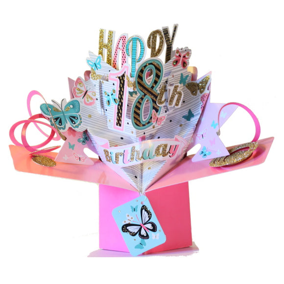 A spectacular pop-up 3D keepsake 18th birthday card, that opens to unleash bright pink streamers, butterflies and glittery text that reads 