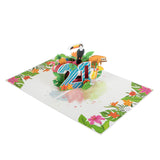 These handmade pop up cards are exquisite, with so many details to to find. Open the card to reveal a scene of a flamingo, a sloth and a toucan, perched on top of a 3d "21", surrounded by tropical flowers and plants.