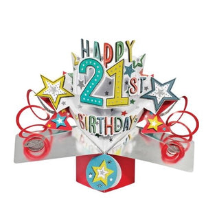 A spectacular pop-up 3D keepsake 21st birthday card, that opens to unleash bright red streamers, colourful stars and text that reads "Happy 21st Birthday".