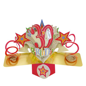 A spectacular pop-up 3D keepsake 30th birthday card, that opens to unleash bright red streamers, colourful stars and text that reads "30th Birthday".