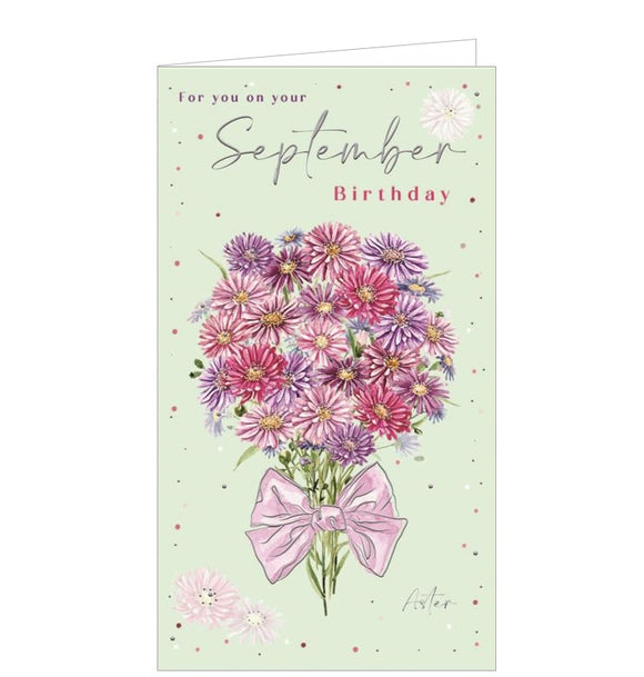 These beautiful Birthday cards are decorated with a delicate illustration of a bouquet of September's birth flower - Asters. Inside the card is a page of facts on how to grow and care for asters as well as details on September's birthstone, Sapphire.