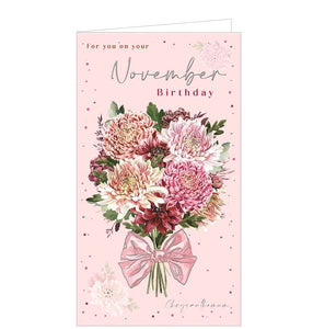 These beautiful Birthday cards are decorated with delicate illustrations of November's birth flower - Chrysanthemum. Inside the card is a page of facts on how to grow and care for chrysanthemums as well as details on November's birth stone, Topaz. 