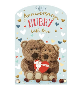 Barley the Brown Bear and his wife hold a heart-shaped box of chocolates between them on the front of this cute anniversary card for a special husband. The text on the front of the card reads "Happy Anniversary Hubby, with love".