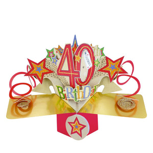 A spectacular pop-up 3D keepsake 40th birthday card, that opens to unleash red and gold streamers, colourful stars and text that reads "40th Birthday".