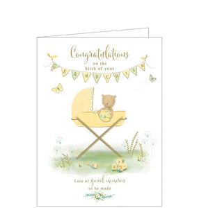 A cute fluffy teddy bear peaks out of a yellow pram on the front of this card to celebrate the arrival of a new baby grandchild. Gold text on the front of the card reads "Congratulations on the birth of your Grandchild".
