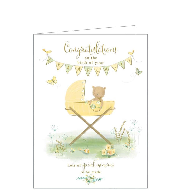 A cute fluffy teddy bear peaks out of a yellow pram on the front of this card to celebrate the arrival of a new baby grandchild. Gold text on the front of the card reads 
