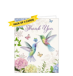 This pack of 4 small notelets are decorated with a lovely illustration of two hummingbirds surrounded by pastel-coloured hydrangea flowers. The text on the notelets reads "Thank you".