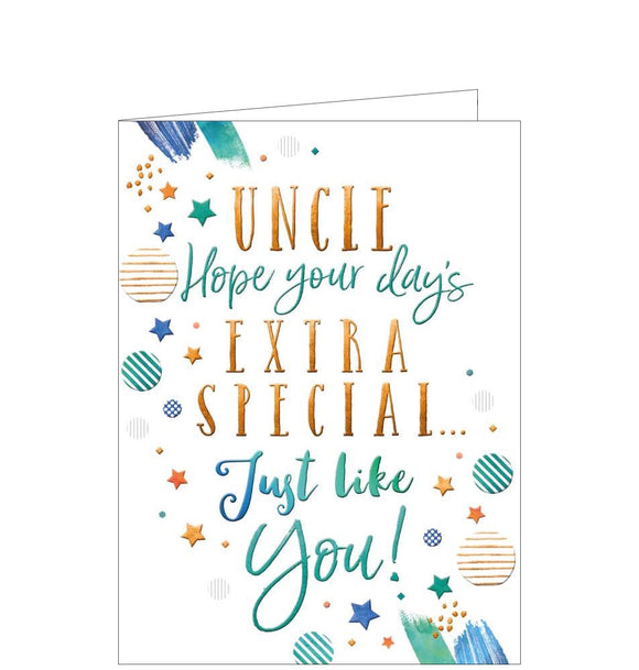 This birthday card for a special Uncle is decorated with metallic gold and blue text that reads 