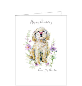 This birthday card shows an  adorable dog with a butterfly perched on his nose.