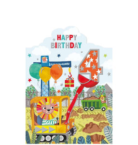 This cute 4th birthday card is decorated with various wild animals driving diggers, dump trucks and cranes on a construction site. A lion drives a digger that carries a large "4" in its bucket.