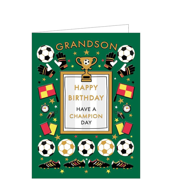 This football-themed birthday card for a special grandson is decorated with golden trophies, football boots, gloves and flags. Gold text on the front of the card reads 