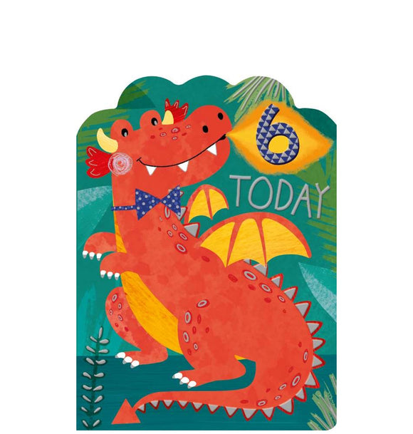 This 6th birthday card is decorated with a very dapper red dragon wearing a blue bowtie and breathing fire. The text on the front of the card reads 