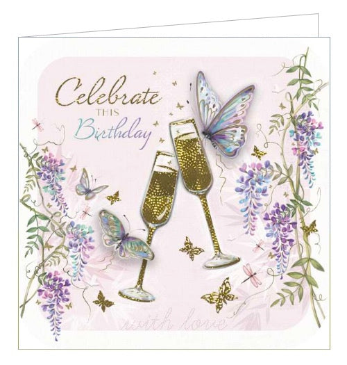 This Birthday card from Noel Tatt's Kimani range features an illustration of two embellishes butterflies fluttering around a pair of golden champagne flutes. The text in the corner of the card reads 