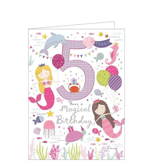 This 5th Birthday card is decorated with two mermaids with crowns and pink tails celebrating a birthday under the sea with all their dolphin, fish and turtle friends. The text on the front of the card reads 