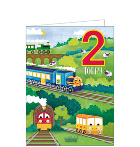 This cute 2nd birthday card is decorated with smiling cartoon train engines, one each of red, green, yellow and blue puffing along on railway tracks through the countryside. The text on the front of the card reads "2 today".