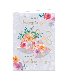 This lovely traditional wedding day card is decorated with two floral bells tied with gold ribbon, against a grey backdrop. Gold text on the front of the card reads "To the Happy couple on your Wedding Day".  