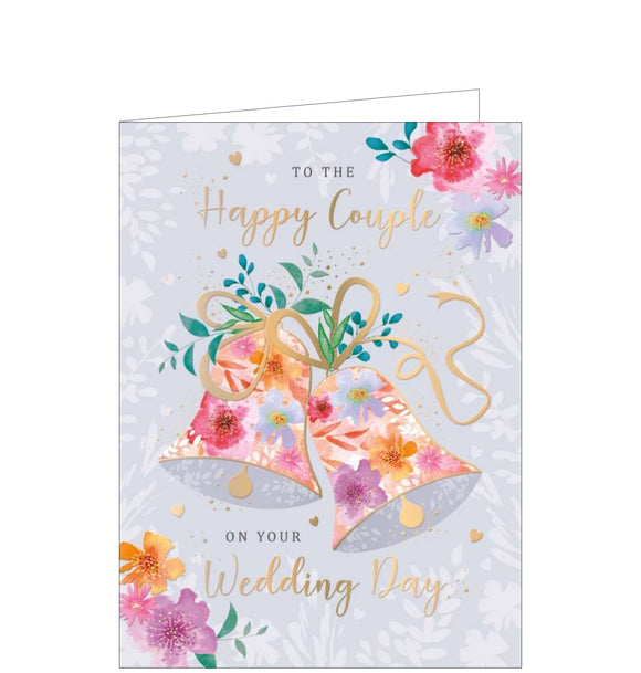 This lovely traditional wedding day card is decorated with two floral bells tied with gold ribbon, against a grey backdrop. Gold text on the front of the card reads 