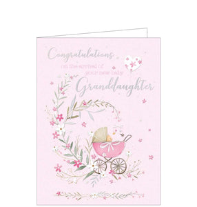 A cute new baby card to celebrate the arrival of a new baby grand daughter". A pink pram is surrounded by pink and white blossom against a pink background. Text in silver and pink reads "Congratulations on the arrival of your new baby Granddaughter"