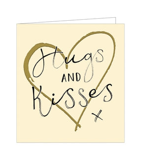 An elegant little blank card from luxury card company The Proper Mail Company and suitable for lots of occasions or just to cheer someone up. This mini card is decorated with a gold heart. The text on the front of the card reads "Hugs and Kisses x".