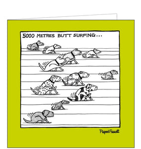This funny blank card is covered with a cartoon of eleven dogs on a racetrack rushing along on their behinds. The caption the front of the card reads "5000 metres butt surfing..."