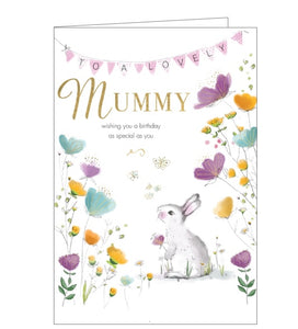 This lovely birthday card for a special mummy is decorated with a cute white rabbit looking up at a banner purple and yellow birthday banner. The caption on the front of the card reads "To a lovely Mummy, wishing you a birthday as special as you."