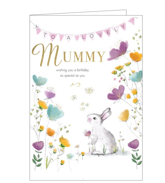 This lovely birthday card for a special mummy is decorated with a cute white rabbit looking up at a banner purple and yellow birthday banner. The caption on the front of the card reads 