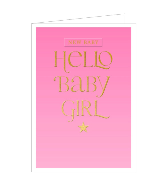 This simple but elegant new baby card has gold text against embossed on a pink background, and finished with scalloped edges. The text on the front of the card reads 