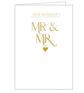 This elegant wedding card is decorated with embossed gold text that reads "Just Married...Mr & Mr" above an embossed gold heart.
