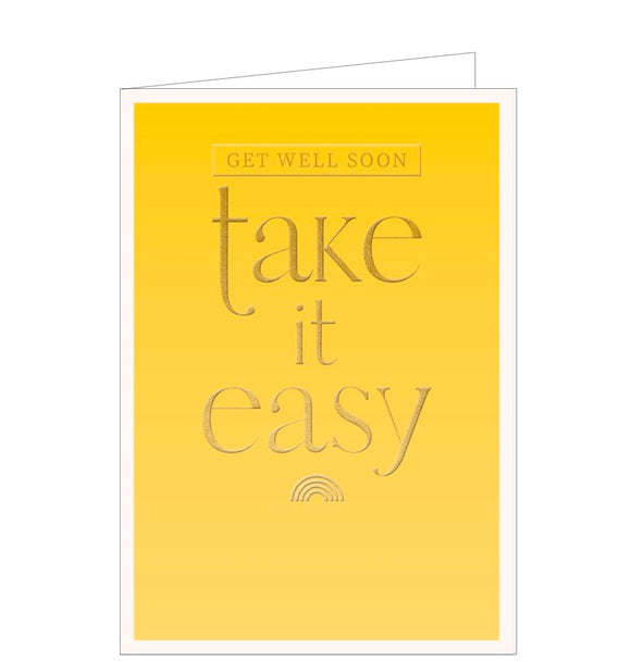 A simple yellow get well soon card with embossed gold text that reads 