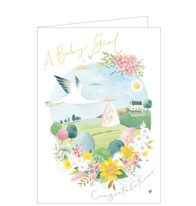 This lovely new baby girl card is decorated with a scene of a stork bird carrying a bundle marked with a golden "G" over sunny fields towards a cute cottage. Gold text on the front of the card reads "A Baby Girl..Congratulations".