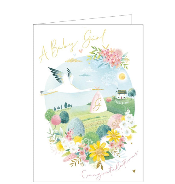 This lovely new baby girl card is decorated with a scene of a stork bird carrying a bundle marked with a golden 