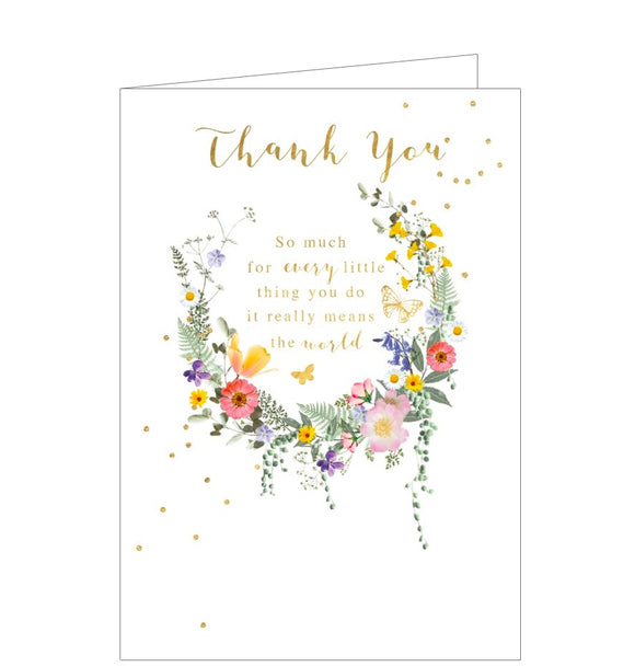 A lovely floral thank you card is decorated with a colourful wreath of flowers and two gold butterflies. Gold text on the front of the card reads 
