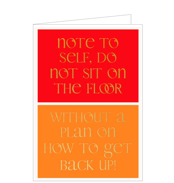 This contemporary and humourous birthday card is split into two complimentary red and orange boxes, overlaid with gold text that reads 