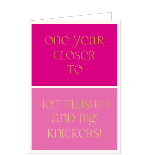 This contemporary and humourous birthday card is split into two complimentary pink boxes, overlaid with gold text that reads 
