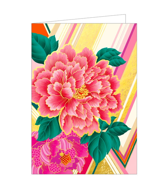 This stunning birthday card is decorated with two luscious pink peony flower heads in front of a striped background. Details on the flowers and the background are picked out in gold foil.